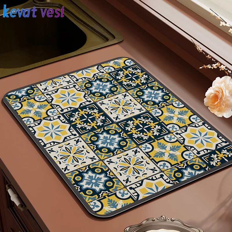 

Kitchen Drain Pad Absorbent Tableware Mats Printed Tea Table Pads Heat Resistant Counter Top Mat Non-Slip Draining Placemat