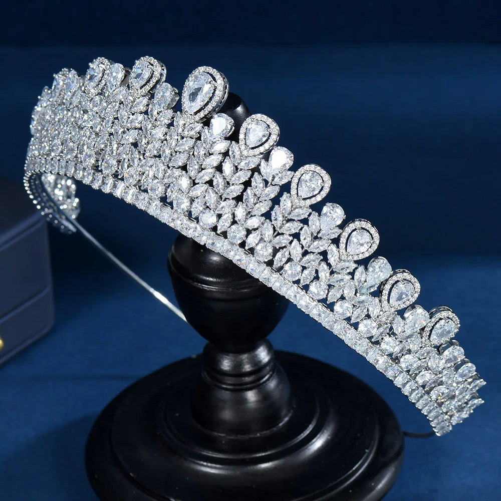 Fashion Temperament Women Wedding Party Hair Accessories Water Drop Shape Cubic Zircon Crowns Dubai Nigeria Bridal Jewelry C-18