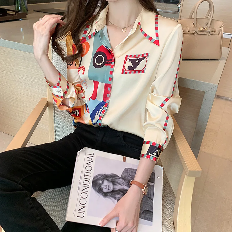 2022 New Women's Fashion, Western Style, High-End Temperament, Printed Tops, Long-Sleeved Shirts