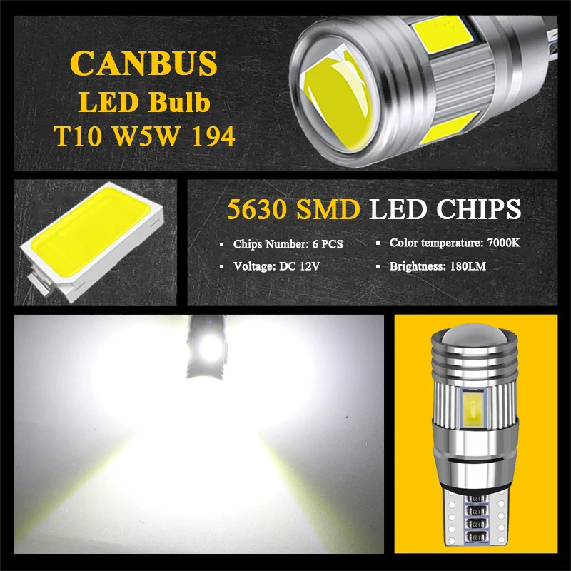 2 / 4 10 PCS клиновидная T10 W5W светодиодная лампочка Canbus 12V 5630 - 6SMD 7000K Белая внутренняя