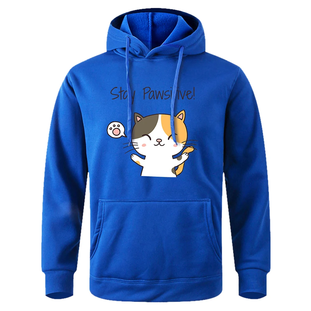 

Толстая модная одежда с надписью «Stay Pawsitive Kawaii Little Cat», мужские толстовки с принтом, теплые удобные мужские толстовки большого размера, повседневные, с капюшоном
