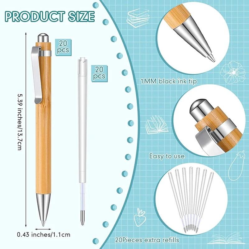 

20 Pcs Bamboo Retractable Ballpoint Pen And 20 Pcs Extra Refills, Black Ink 1 Mm Bamboo Pen Retractable Wooden Pens