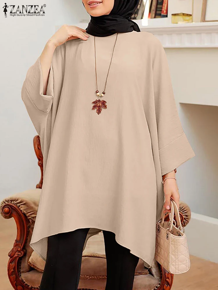 

ZANZEA Autumn Holidya Vintage Chemise Muslim Tops O-Neck Bat Sleeve Solid Color Blouse Femme Fashion Casual Elegant Abaya Shirts