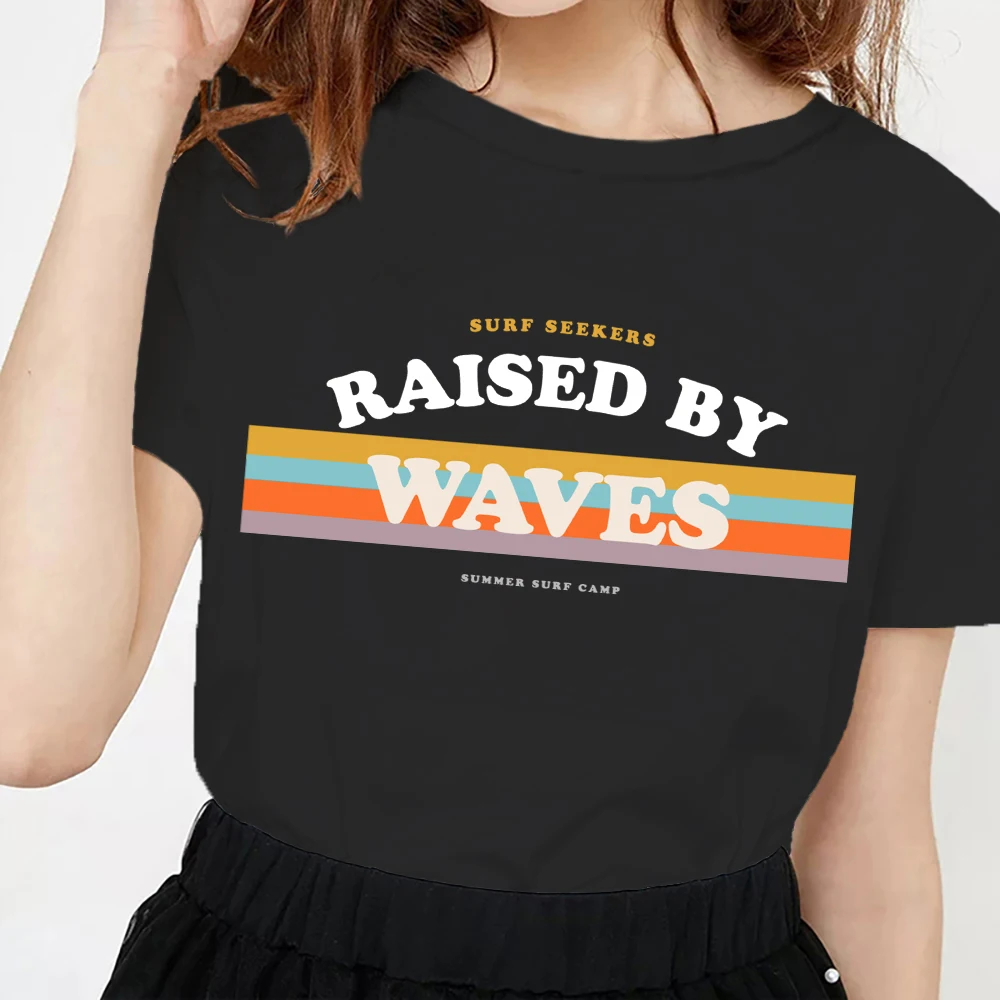 

Women Clothing raised by waves Black T-shirt Cute Printing Fashion 90s Short Sleeve Summer Clothes Print Tshirt Female Tee Tops