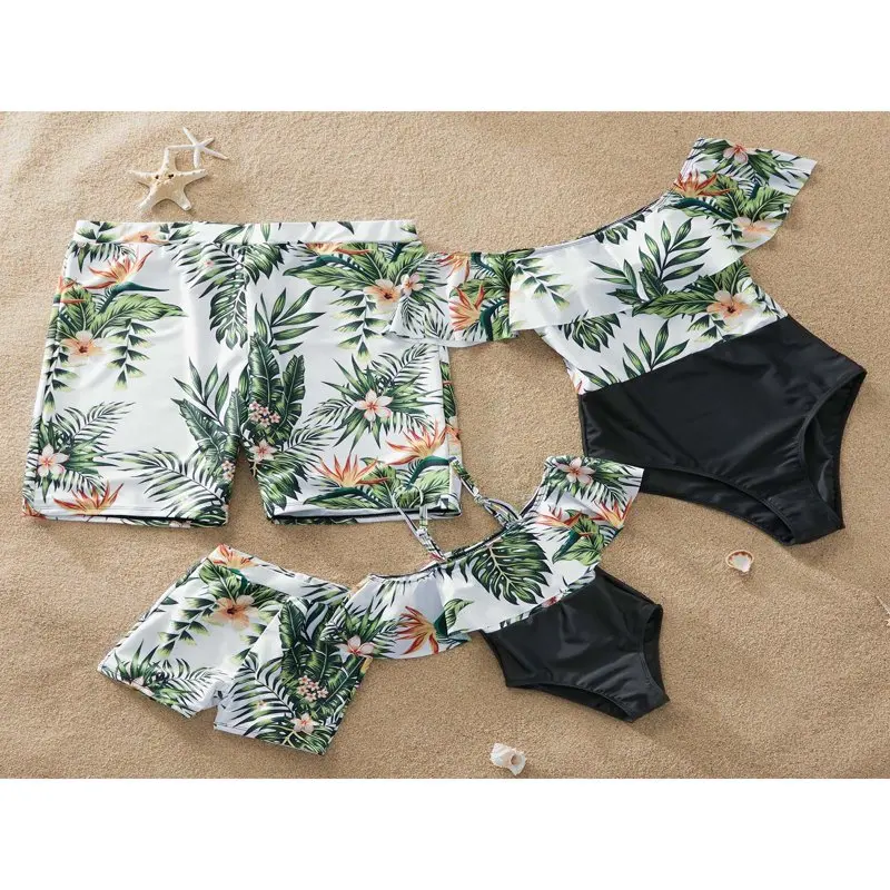 

HMCN Mommy and Me Swimwear Plant Printed Family Matching Swimwear Off Shoulder Bathing Suit One Piece