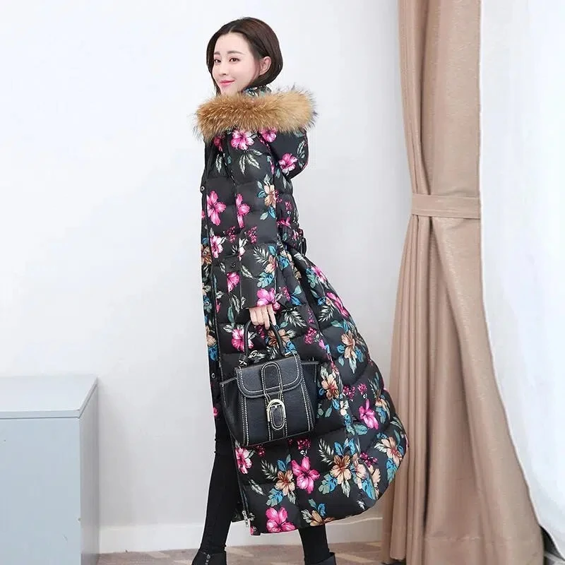 Fashion Temperament Real Raccoon Fur Collar 90 White Duck Down Jacket Women Mid-Length Hooded Slimming Winter Thick Warm Coat