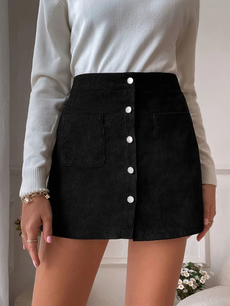 

Женская черная сексуальная Вельветовая мини-юбка в полоску, летняя модная Корейская коричневая трапециевидная школьная юбка на пуговицах ...