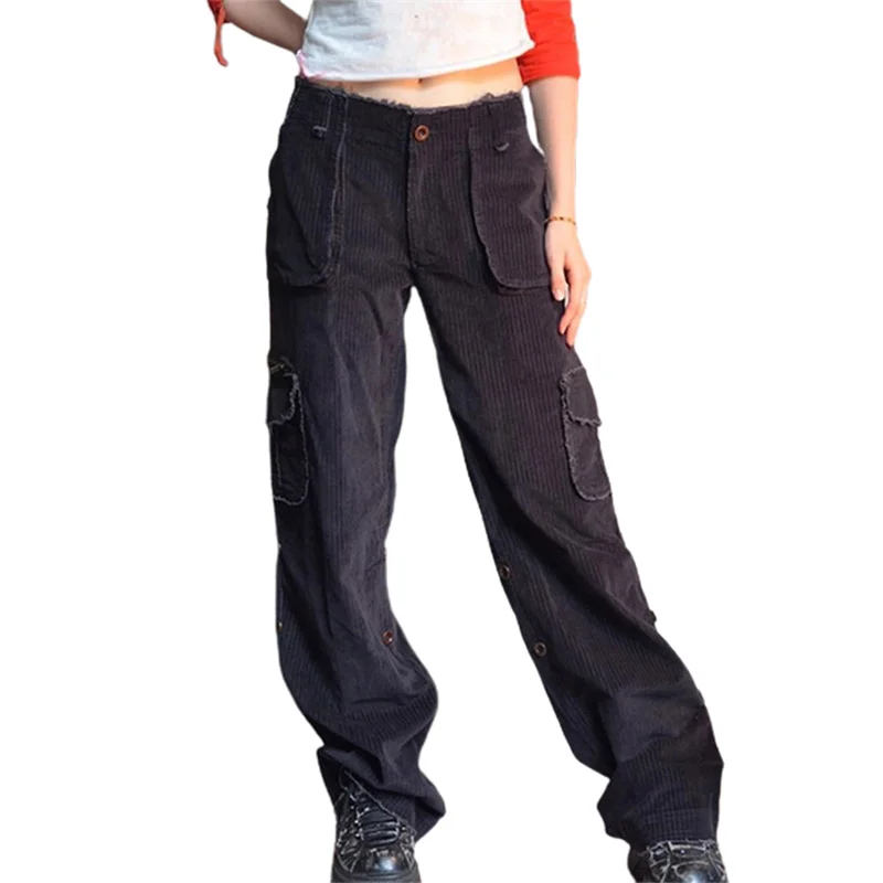 

Female Wide Leg Corduroy Pants Palazzo Solid Color Zipper Low Waist Vintage Cargo Long Trousers Women Fashion Streetwear S M L