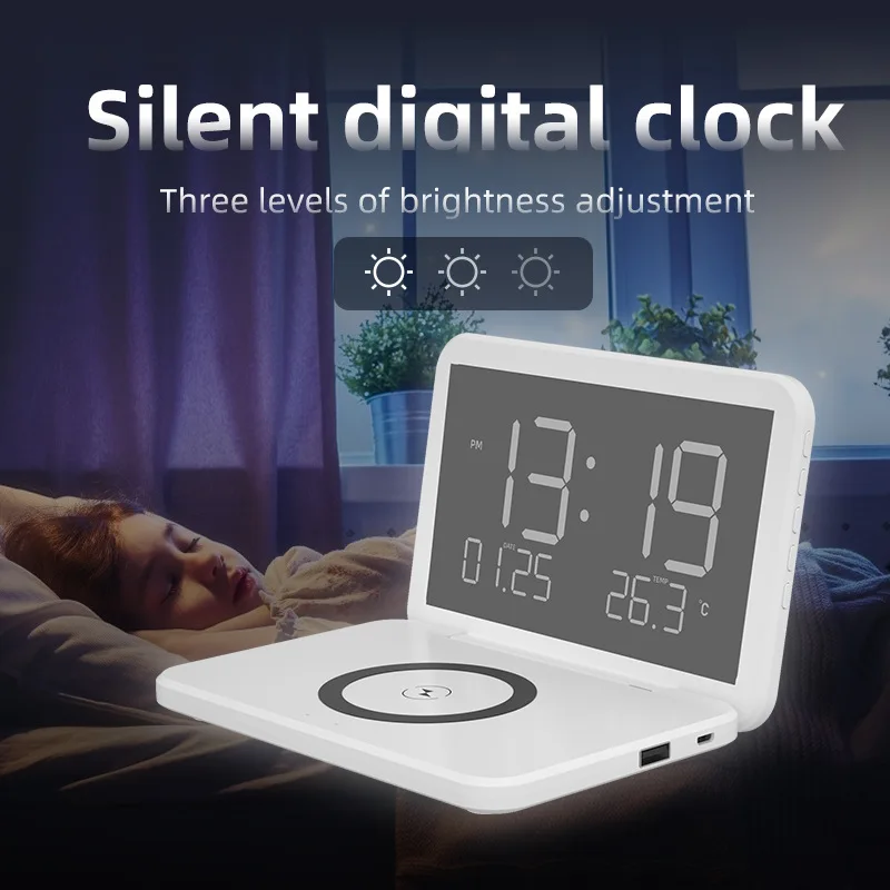 15W Wireless Charging Electronic Calendar Thermometer Clock with Phone Wireless Charger Mirror Wireless Charging Alarm Clock