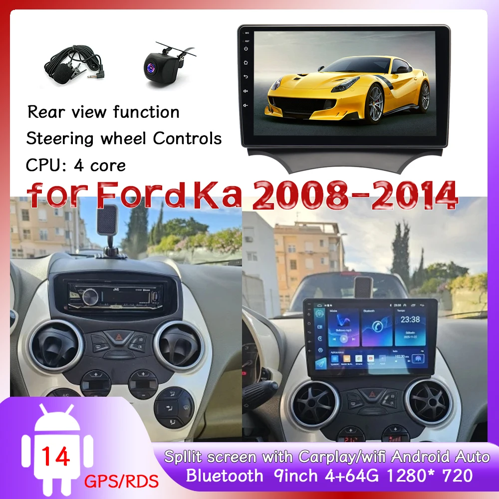 

9 дюймов 4 + 64G автомобильное радио Android Auto для Ford Ka 2008 2009 2010 2011 2012 2013 2014 Android 14 Центральные мультимедийные умные автомобильные системы