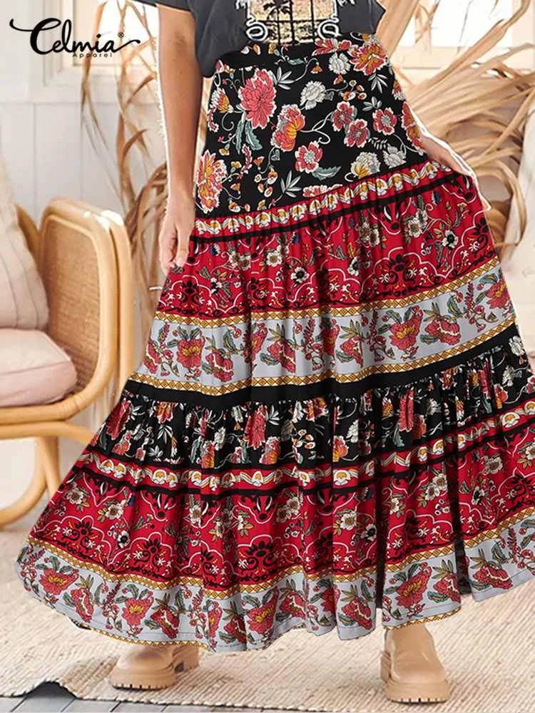 

Celmia 2022 Summer Bohemian Maxi Skirts Women Casual Loose Stithing Pleat Long Skirt Fashion Floral Printed A-line Swing Faldas