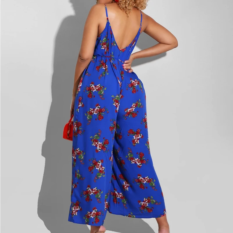 New Floral Print Suspenders V-neck Loose Wide-leg Jumpsuit Sleeveless Wide-leg Jumpsuit High Waist Loose One-piece Jumpsuit