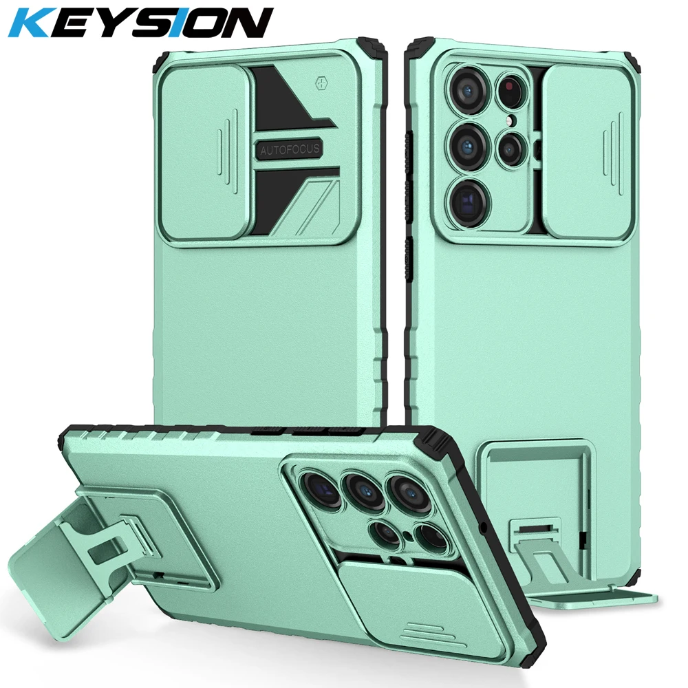

KEYSION Shockproof Case for Samsung S22 Ultra 5G S21+ FE Push Pull Camera Protection Live Stand Phone Cover for Galaxy Note 20