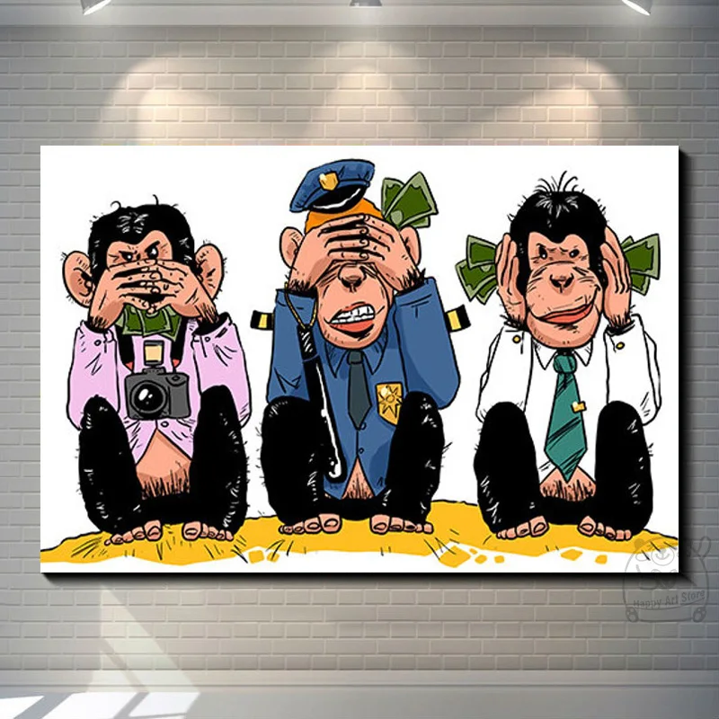 Настенная картина 3 обезьяны постер на холсте с забавными животными не слышно