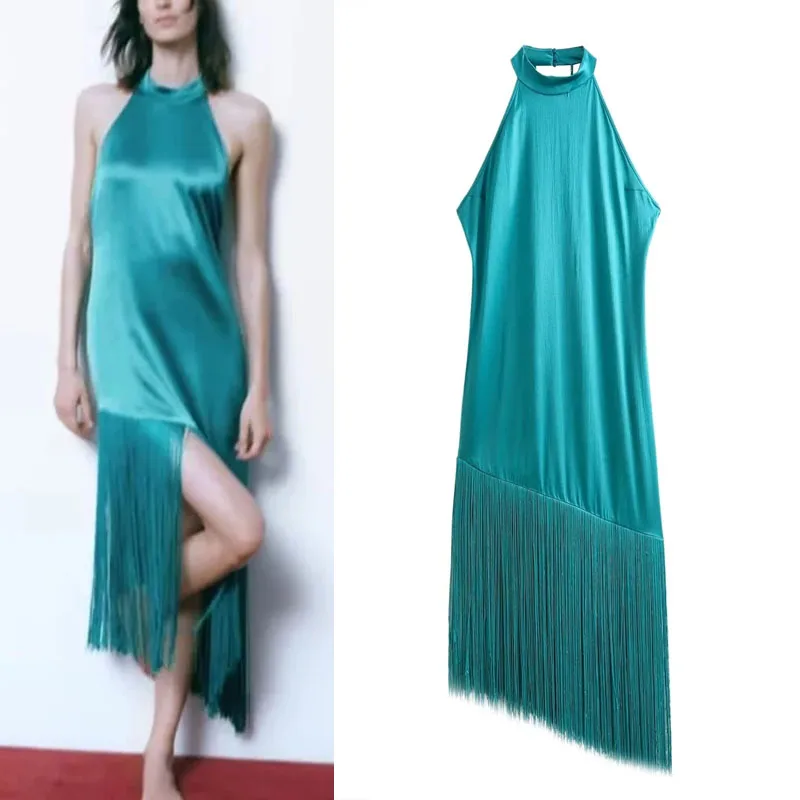 

TRAF Woman Asymmetric Tassel Dress Fashion Green Halter Midi Dress Sexy Party Long Dresses 2023 Womens Elegant Party Dress