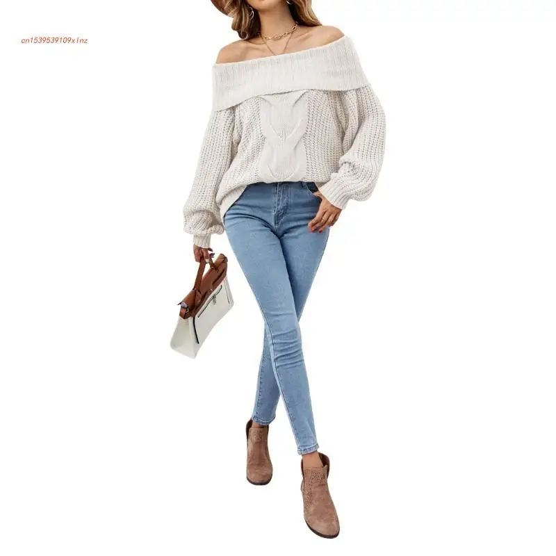 

Women Off Shoulder Pullover Sweater Autumn Long Sleeve Cable Knit Pullover Top