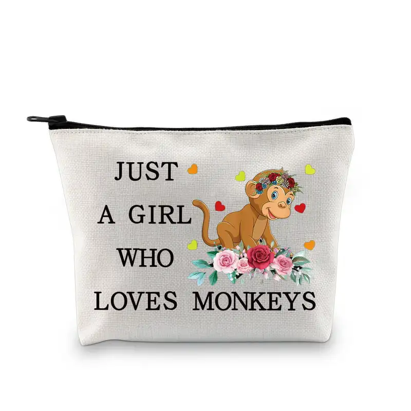

Funny Animal Lover Gift Just A Girl Who Loves Monkeys Makeup Zipper Pouch Bag Cosmetic Bag - Monkey Lover Gift for Women Girls