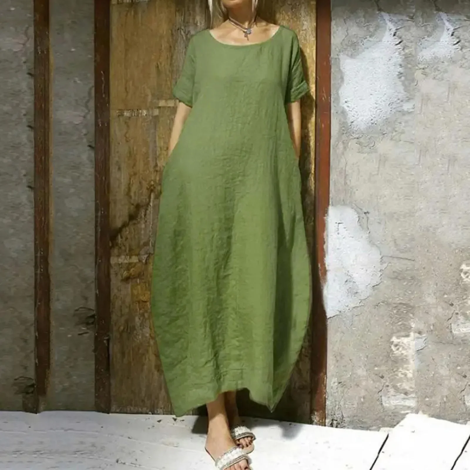 Женский Длинный Сарафан с коротким рукавом однотонное пляжное платье в стиле