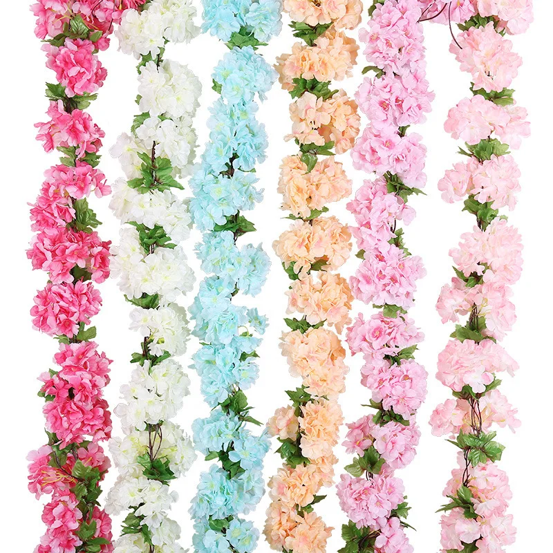

2pcs Cherry Blossom Vine Artificial Flower Silk Party Wedding Decoration Wall Hanging Rattan Garland Wreath Home Decor 230cm
