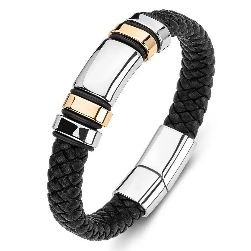 

Titanium Steel High End Mens Bracelet Leather Wrapping Fashion Jewelry Personality Fashion Braided Luxury Charm Men Bangles