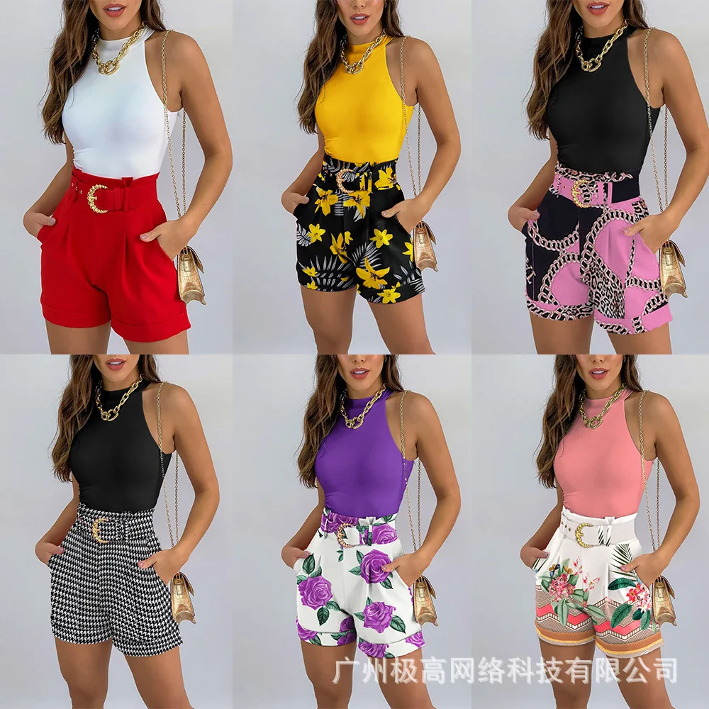 

Women's 2023 new summer shorts tank top solid color suit - with belt