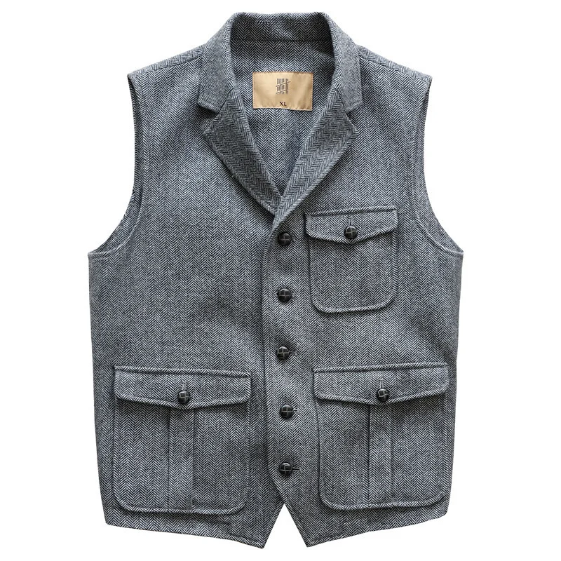 

Men's Tweed Vest Wool Suit Collar with Pockets Formal Working Waistcoat Elegant and Vintage Wedding Dress Male Classic Clothes
