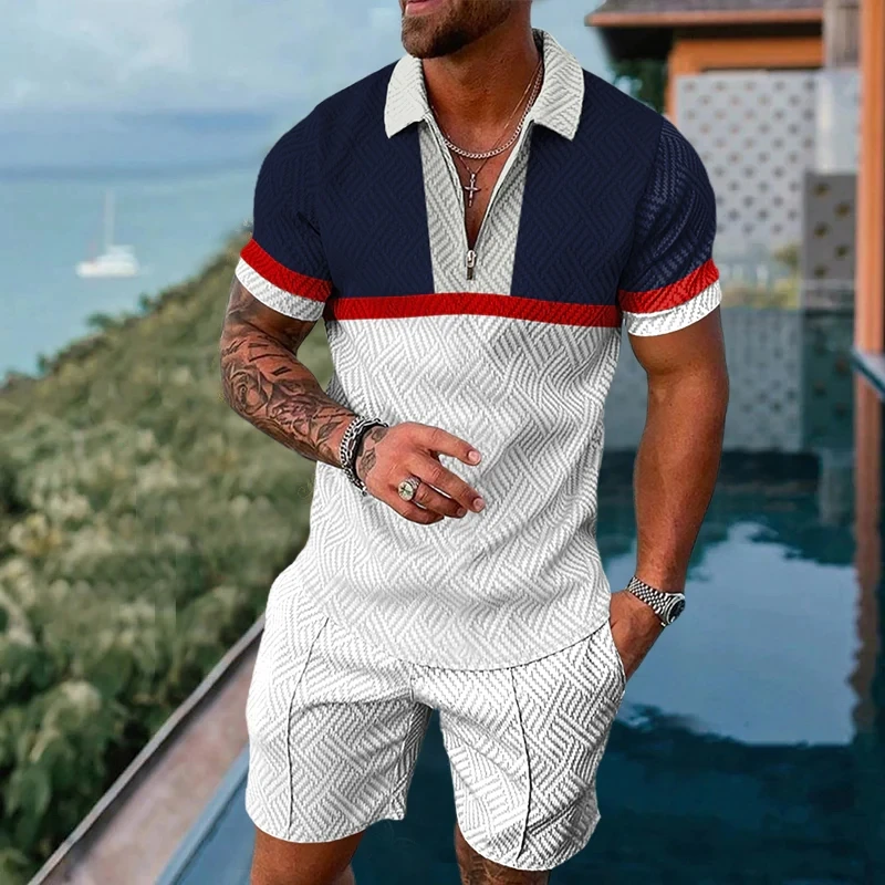 Summer Men's Luxury Polo T-shirts Shorts 2 Pices Set Fashionable Sports Suits Vintage Striped Printed Men's Casual Sportwear