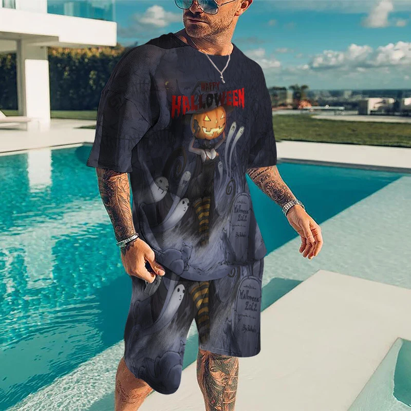 

halloween style oversized Men's Sets Streetswear Personality Casual Collared Tshirts For Men Fashion Tshirt Suit Tracksuit