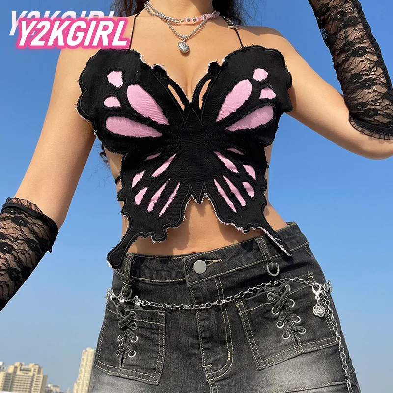 

Y2KGIRL розовый укороченный топ с бабочкой без рукавов с открытой спиной Милая женская футболка на шнуровке летняя винтажная модная уличная од...