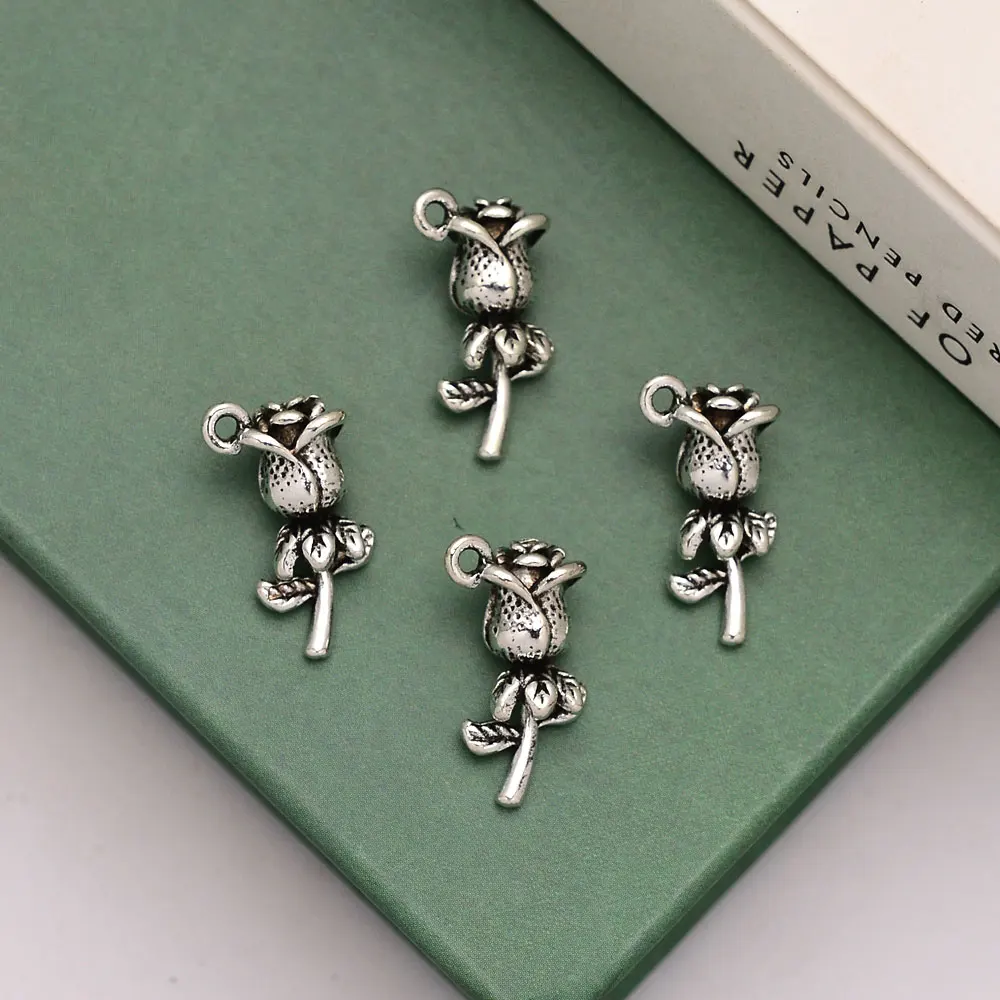 

20pcs/lot--6x17mm Antique Silver Plated Valentine's day Charms 3D Rose Pendant For Jewelry Making Findings Diy Keychain Bracelet