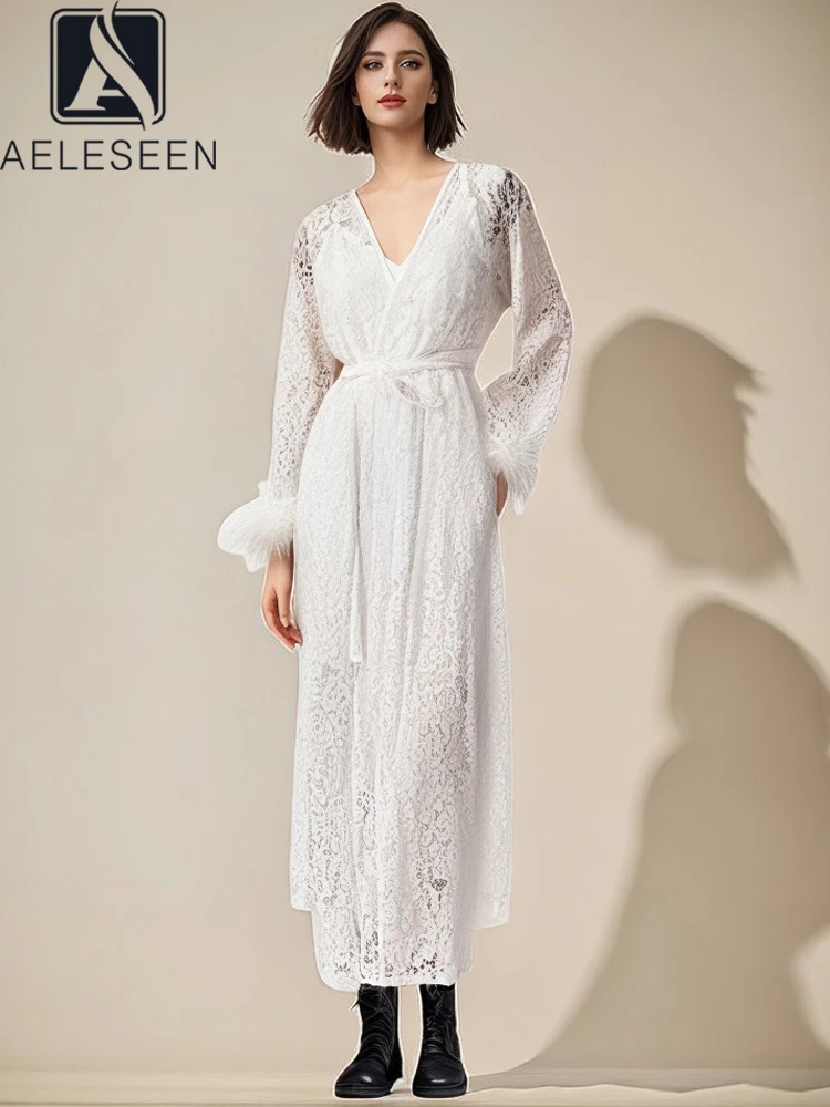 Женское кружевное платье с перьями AELESEEN белое длинное V-образным вырезом поясом и