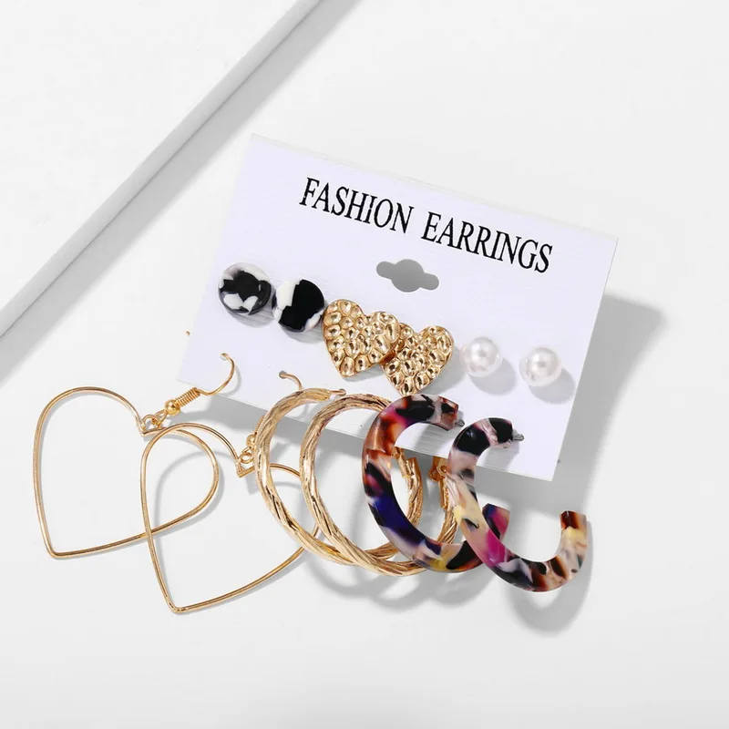 

6 Pair Heart Acrylic Circle Hoop Earrings Set Geometric Pearl Ear Studs Circle Tassel Earrings Women Bohemia Zircon Drop Earring