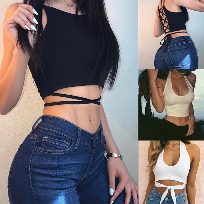 

Summer Women Sexy Camis Top Sleevelsess Hollow Out Short Cropped Top Slim Spaghetti Strap Streetwear New Black Lace Up Camisoles