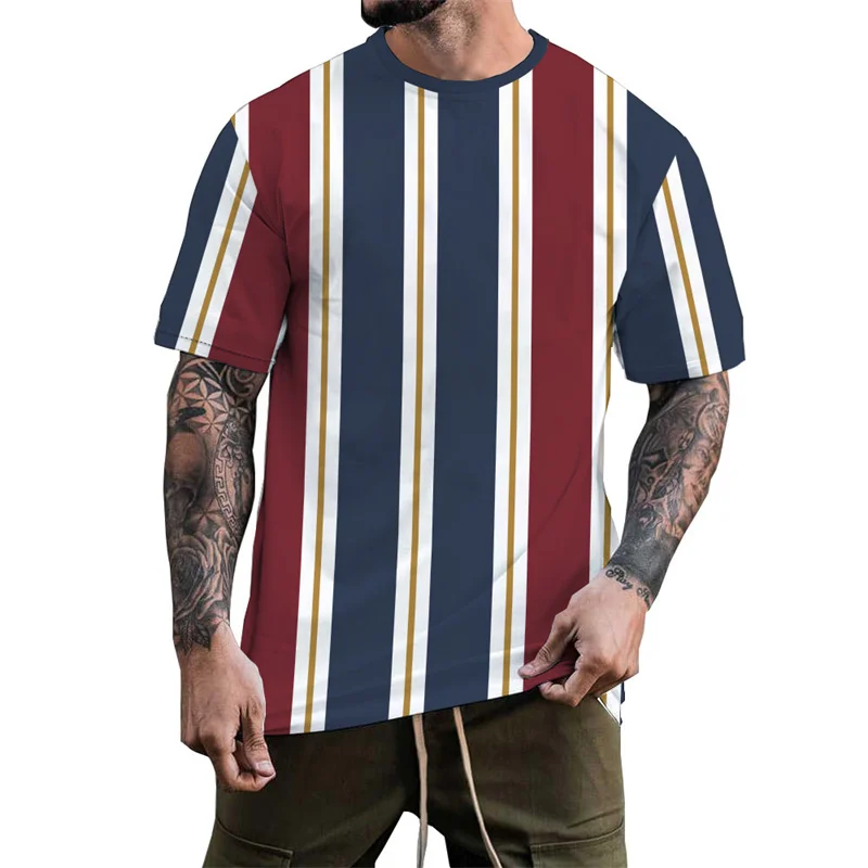 

Summer Fashion Leisure Crew Neck Short Sleeve Stripe Printing Pattern Clothing Loose Comfortable Material Large Size T-Shirts