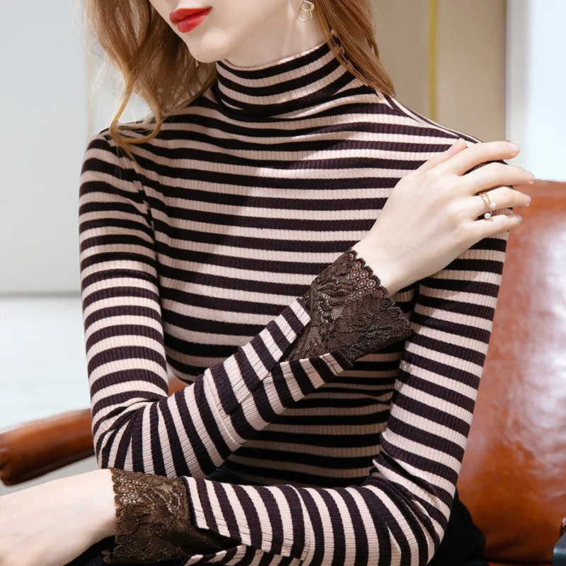 

New Casual Slim Fit Knitted Sweater Shirts for Women Ladies Elastic Turtle-Neck Striped Tees Pullover Tops Female Streetwear