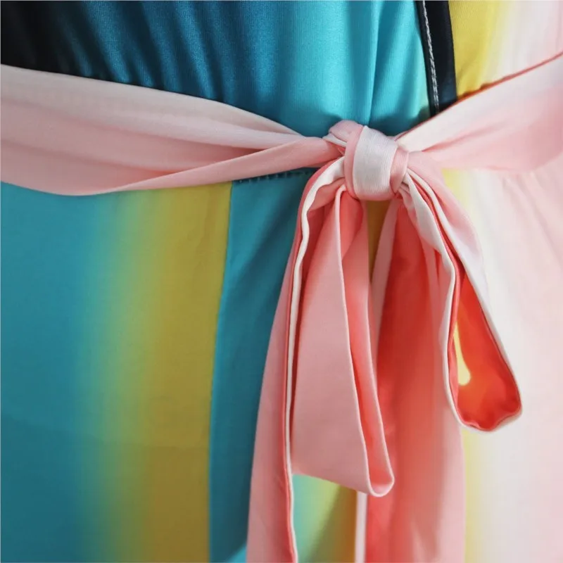 Fall/Winter Rainbow Striped Long Belt Bodysuit Women Long Sleeve V-Neck Sexy Jumpsuit Stretch High Waist Trousers New Arrival