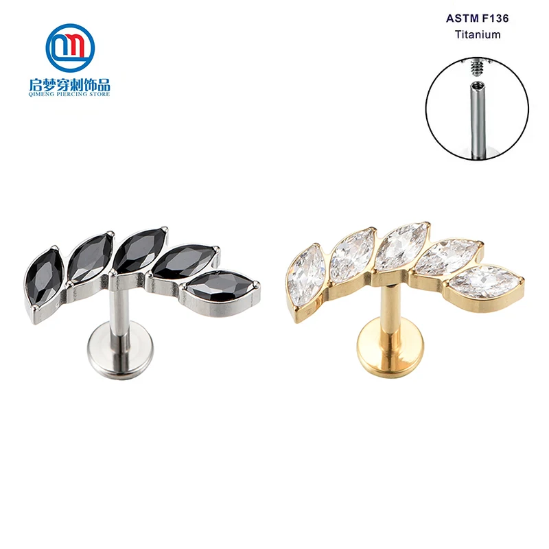 

ASTM F136 Titanium Labret Rings Bezel Setting 5 Cubic Zircon Stones Tragus Leaf Shape Earrings Helix Body Piercing Jewelry