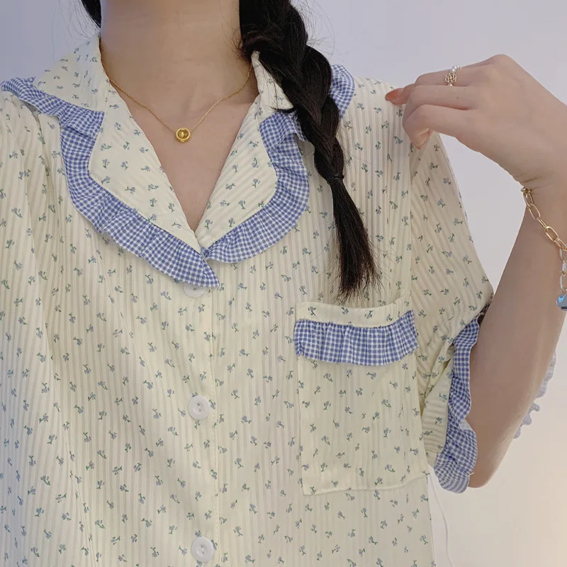 Summer Pajamas Women's Sweet Net Red Flower Short-sleeved Shorts Two-piece Student Cotton Casual Loose Kawaii Home Clothes Suit