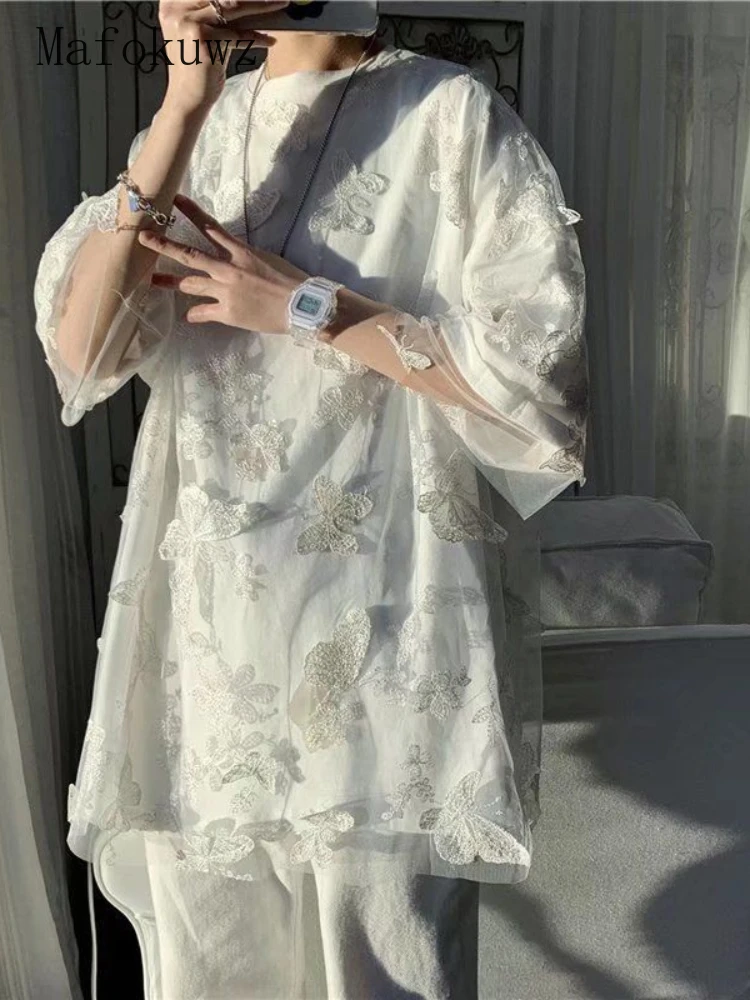 

Mafokuwz Short-sleeved T-shirt Men Women Summer Oversize Summer Trend Loose Casual Couple All-match O-neck Butterfly Mesh Tops