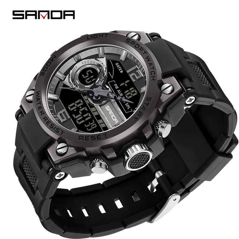

SANDA 2Time Digital Watch Man Luxury Waterproof Shockproof Watches Original Electronic Movement Clock Fashion Mens Wristwatch