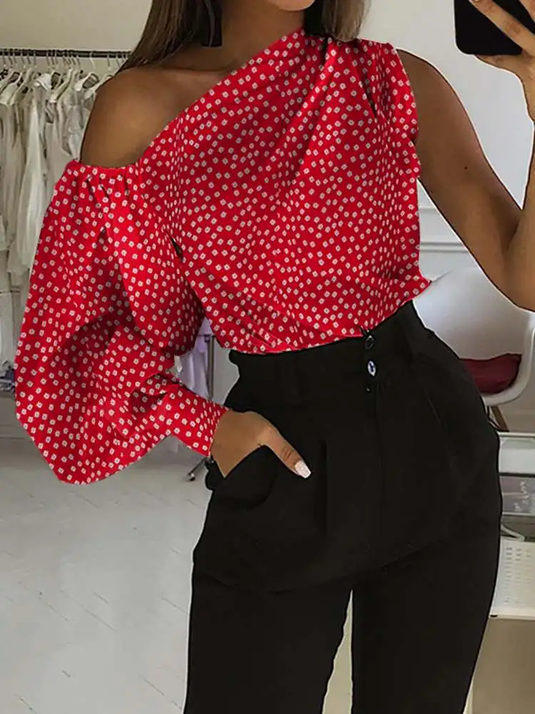 

Celmia Elegant Women Sexy Shirts Sexy One Shoulder 2022 New Fashion Lantern Sleeve Floral Print Tunic Tops Casual Party Blusas