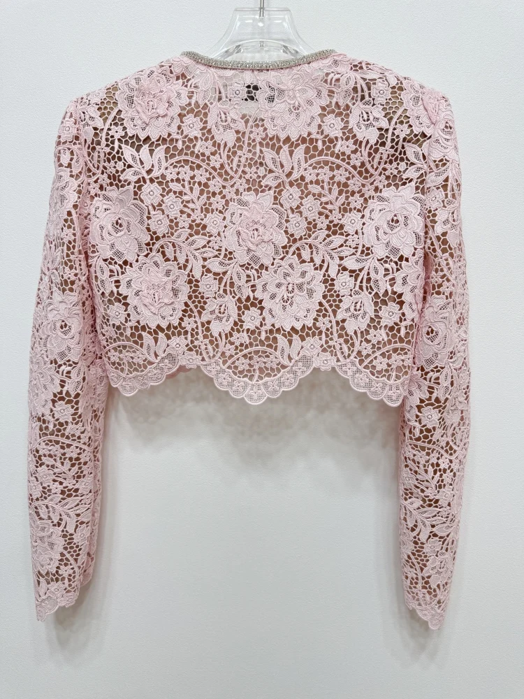 Pink water-soluble lace dress long sleeved cardigan top heavy two piece set only Luxury temperament socialite style