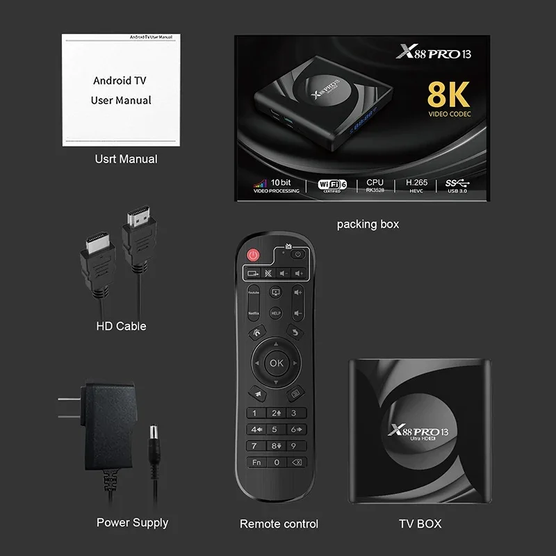 X88PRO Smart TV 8K медиаплеер Android 13 Wi-Fi6 AV1 Четырехъядерный процессор 4 ГБ ОЗУ 64 пакет BT5.0