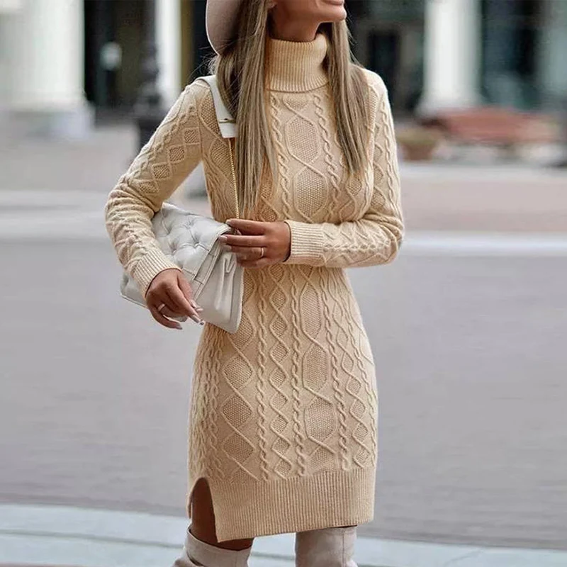 

Autumn Winter Turtleneck Knitted Pullover Dress Women Solid Ribbed Split A-Line Dress New Fashion Long Sleeve Warm Sweater Dress