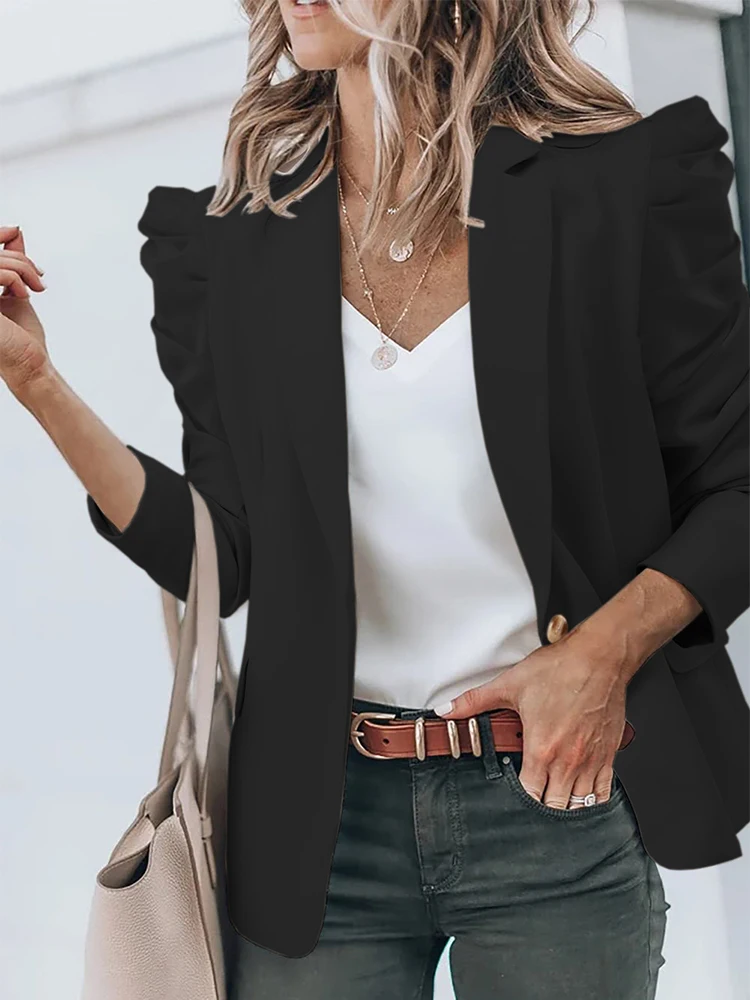 

Женский офисный блейзер с пышными рукавами и карманами, верхняя одежда, костюм с рукавами, рабочее пальто, Открытый Длинный блейзер 2023, повседневный жакет с передней частью