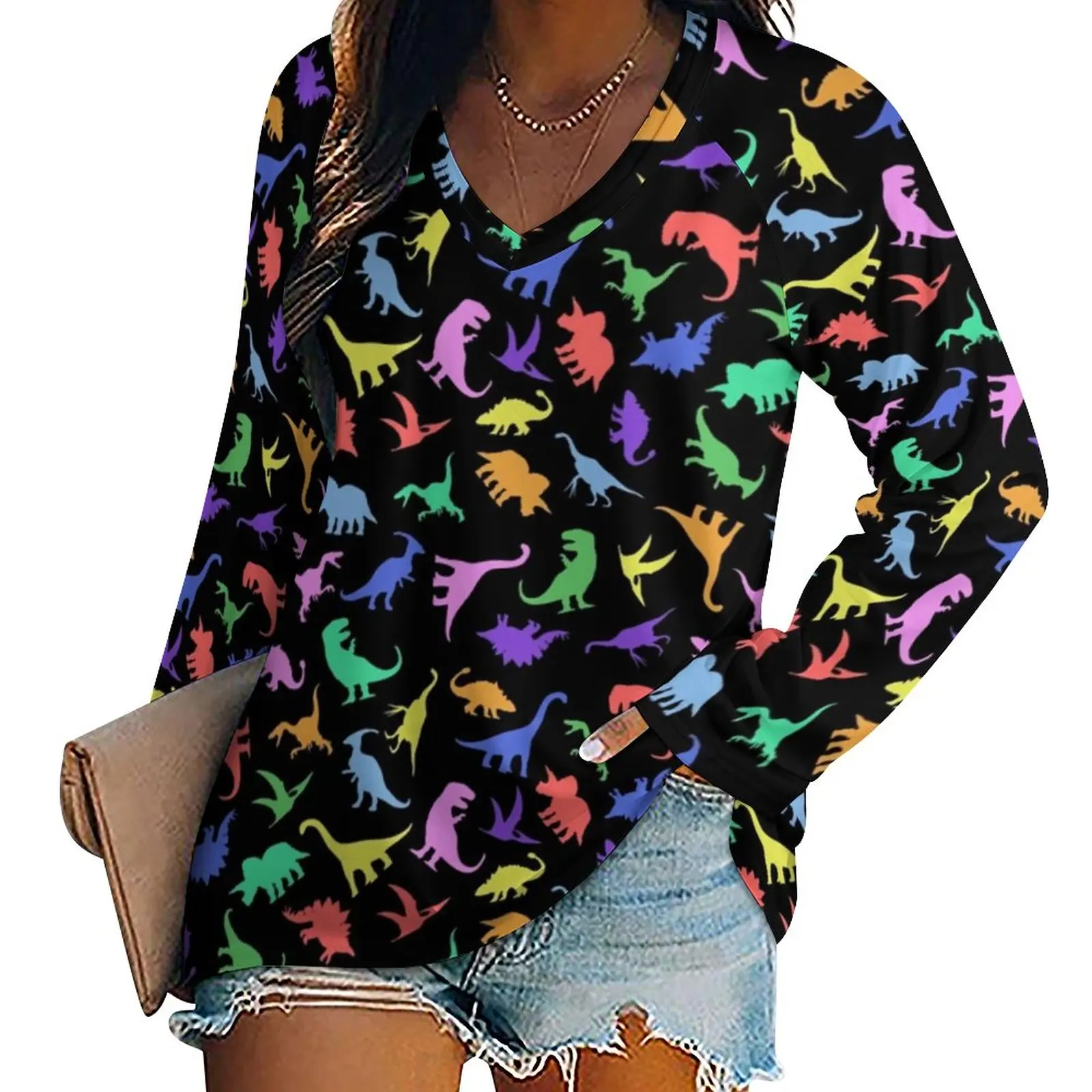 

Футболка с забавными динозаврами, красочные футболки с длинным рукавом и принтом животных, женские футболки, Индивидуальные топы, подарок на день рождения
