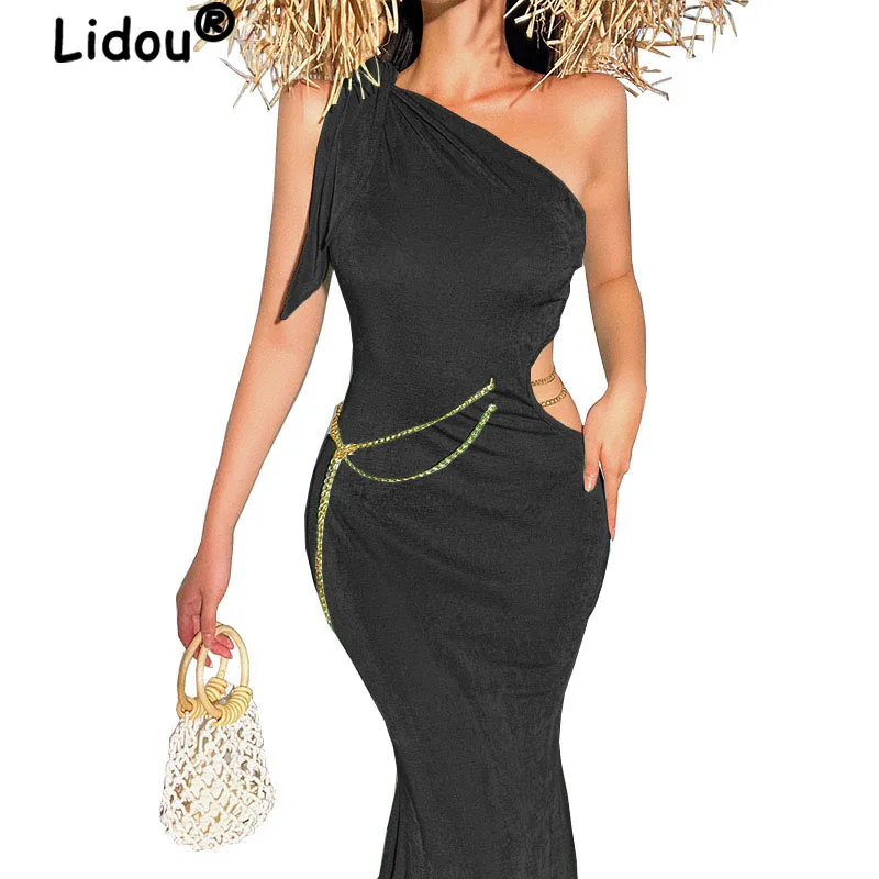 

Модные сексуальные юбки с одним плечом, открытыми плечами и цепочкой, Юбки Русалки, новинка, облегающие однотонные вечерние юбки, горячая Ра...