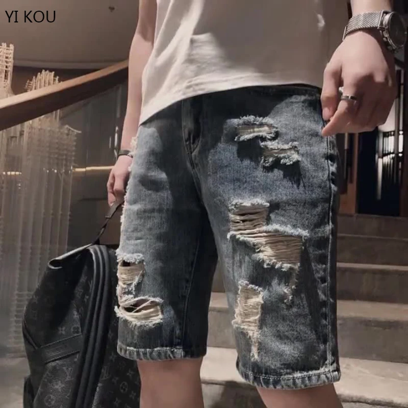 

Summer Ripped Denim Shorts Men's Tide Brand Trend Casual Straight Five-point Pants Spirit Boy Shorts jeans for men