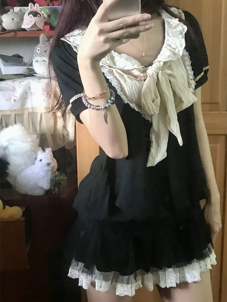 Фото Harajuku 90-е Эстетическое сексуальное платье Женское новое милое Y2k Тонкое готическое нарядное платье Женское панк-поддельное винтажное платье из двух частей с коротким рукавом №2