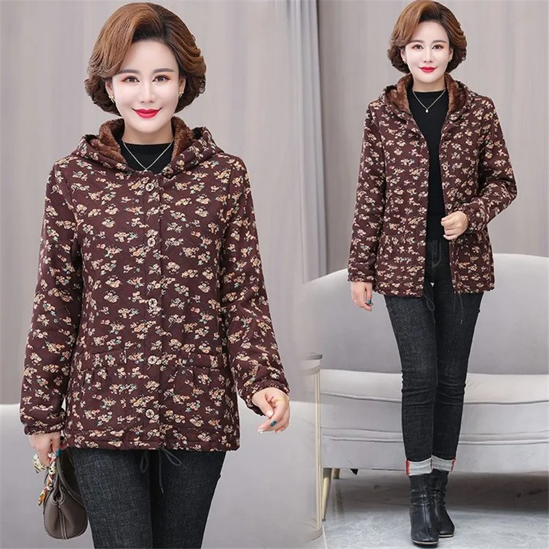 Middle-aged Elderly Women's Coat Winter Jackets Thin Light Warm Plus Velvet Cotton Linen Lattice Jacket Outwear Mother Outwear